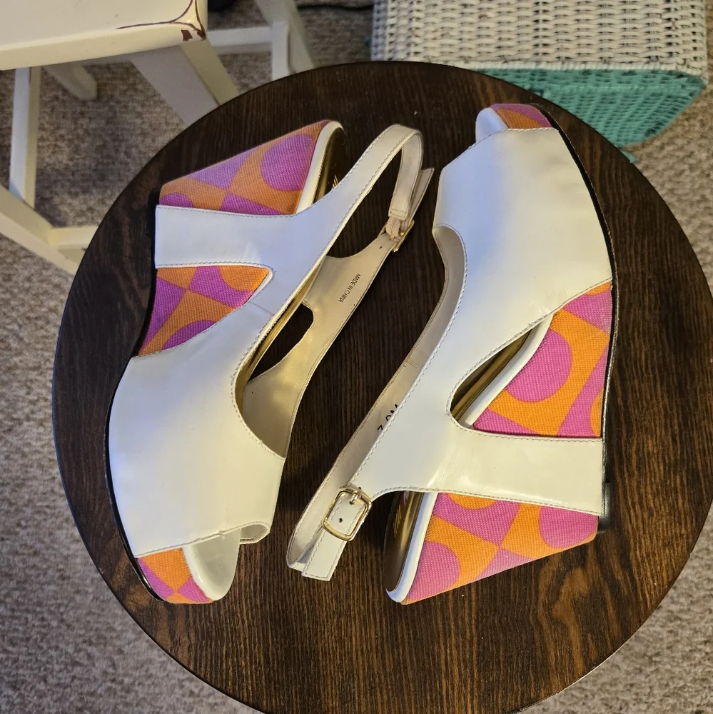White Patent Leather Wedge with Pink Orange 70's Vibes